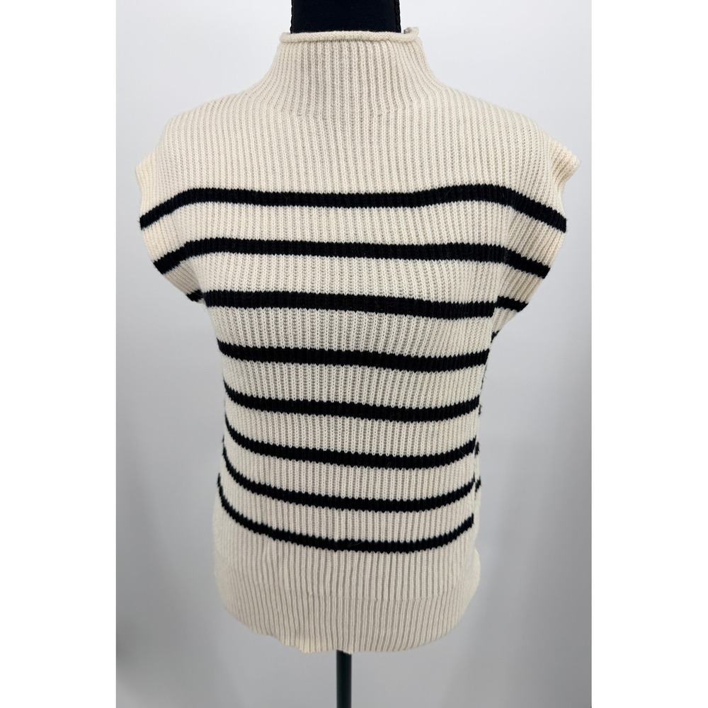 Sweater Vest Women Small Cream Navy Striped Good Mock Neck Ribbed